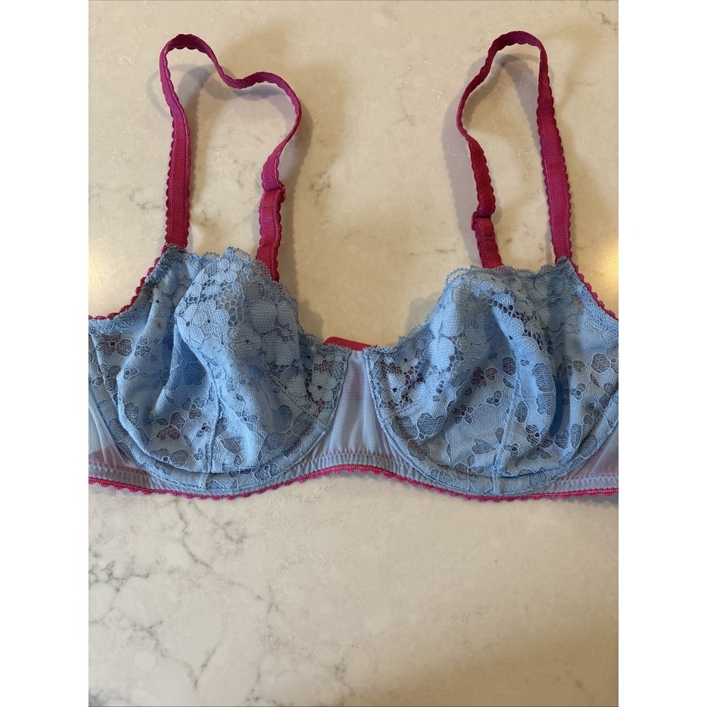 MOI Sky/Magenta Balconette Lace Underwire Bra, US 36B Blue Pink